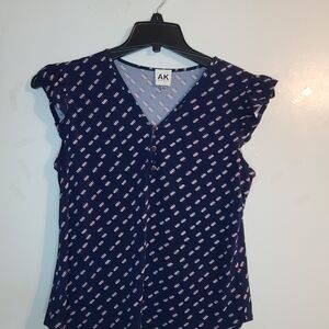 Anne Klein Navy Blue Blouse with Red and White Pattern